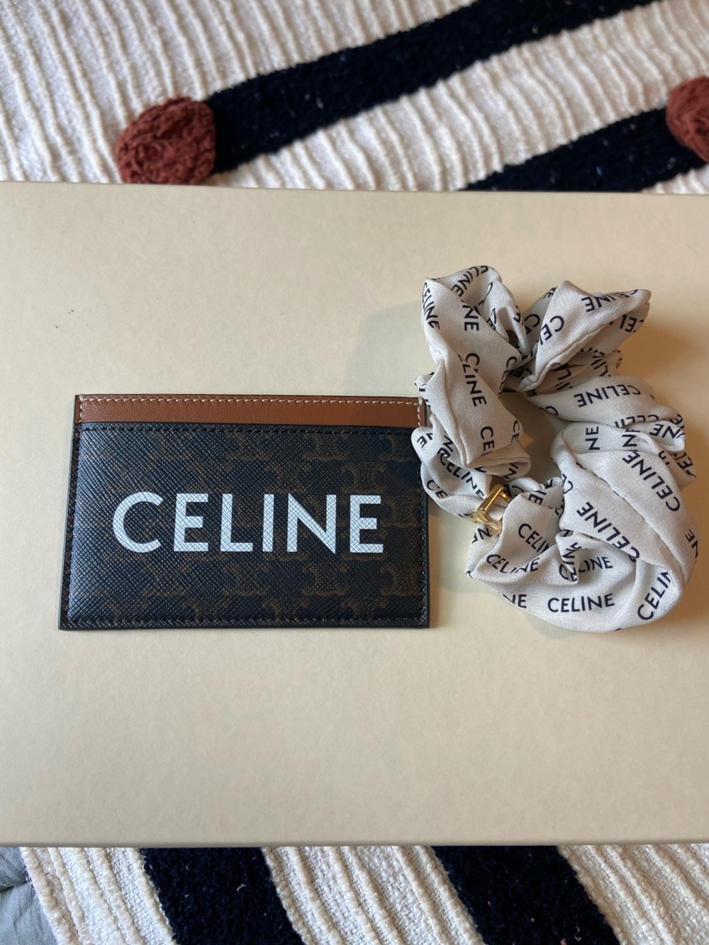 Celine Brown & White Monogram Card Holder with Logo Scrunchie